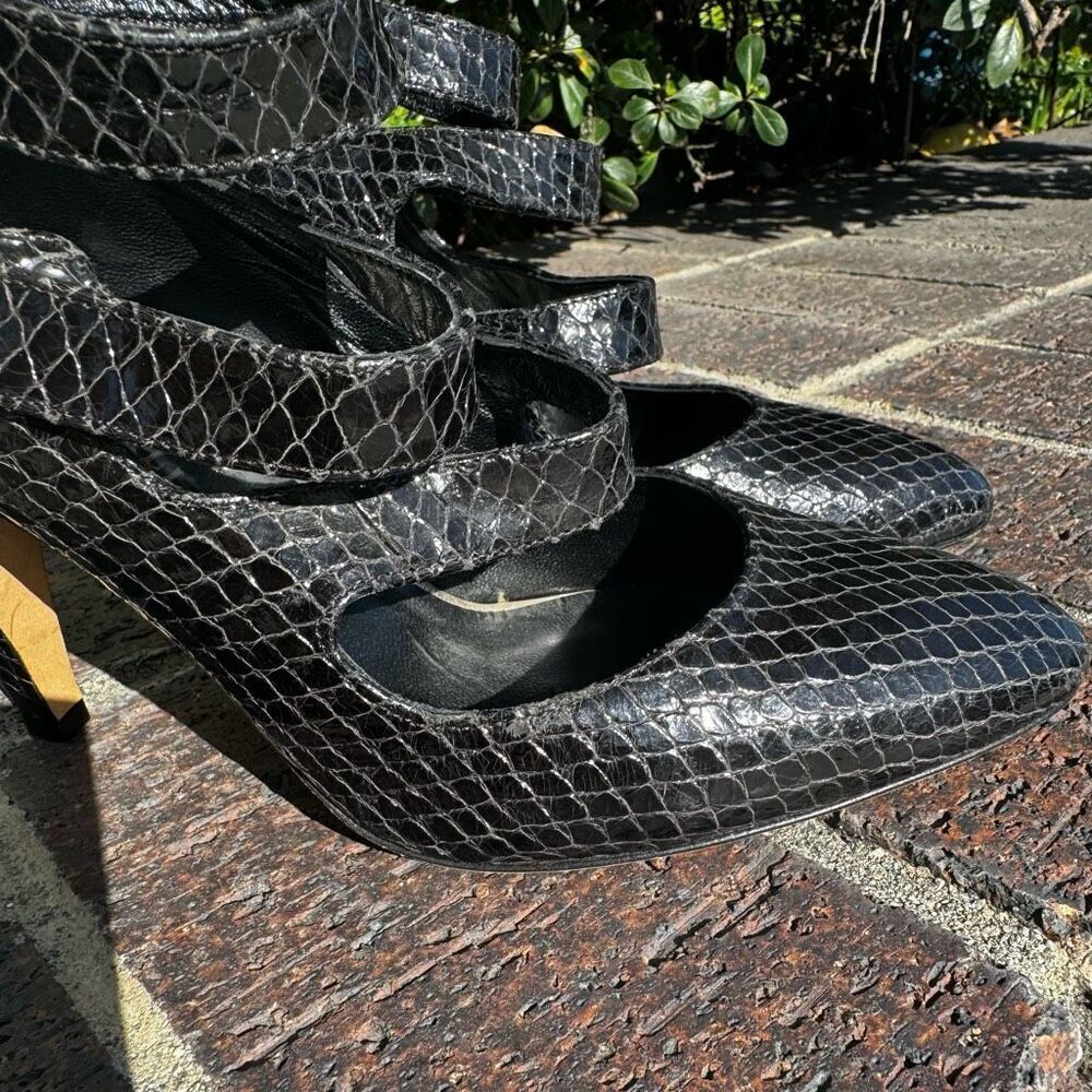 Loeffler‎ Randall Size 10.5 Black Snakeskin Mary Jane Strappy High Heels Shoes - Picture 6 of 10